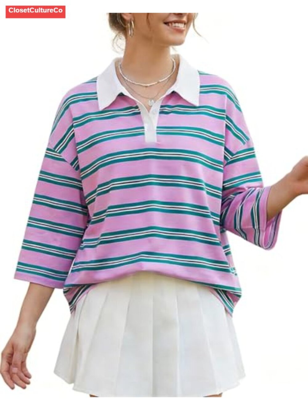 Striped Polo T-Shirt Short Sleeve Half Button Collared Loose Tee